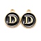 Golden Plated Alloy Charms, Cadmium Free & Lead Free, with Enamel, Enamelled Sequins, Flat Round with Letter, Black, Letter.D, 14x12x2mm, Hole: 1.5mm