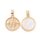 Brass Micro Pave Clear Cubic Zirconia Pendants, with Shell, Flat Round with Sun Charm, Real 18K Gold Plated, 16.5x14x2.5mm, Hole: 5x3mm