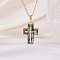Brass Pave Natural Paua Shell Religion Jesus Cross Pendant Necklaces for Women, Golden, 15.75 inch(40cm)