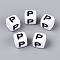 Opaque Acrylic Beads, Cube with Number, with Enamel, Black, Letter P, 7.5~8x7.5~8x8~8.5mm, Hole: 3.6~4mm, about 1200pcs/500g