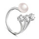 SHEGRACE Rhodium Plated 925 Sterling Silver Cuff Finger Ring, with Freshwater Pearl, Three AAA Cubic Zirconia, Size 7, Clear, 17mm