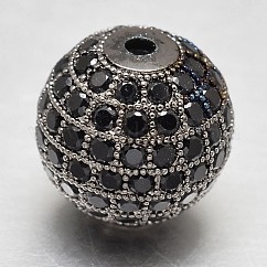 Perles rondes en laiton avec zircone cubique de micro pave, gunmetal, 14mm, Trou: 2mm