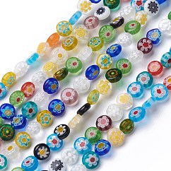 Flache runde handgemachte Millefiori Glasperlen, Mischfarbe, 8x3 mm, Bohrung: 0.5 mm, ca. 48 Stk. / Strang, 14.1 Zoll