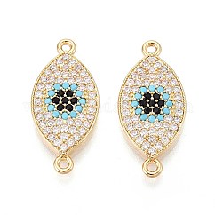 Breloques de connecteur en laiton micro pavé de zircone cubique colorée, liens oculaires, Plaqué longue durée, or, 11.5x25x2.5mm, Trou: 1.2~1.4mm