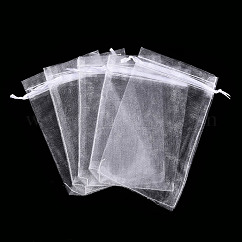 Pochette organza pour cadeaux, bijoux pochettes en maille pour noce cadeaux de noël sacs de bonbons, pochettes en organza pour pot-pourri, avec cordon de serrage, rectangle, blanc, 12x10 cm