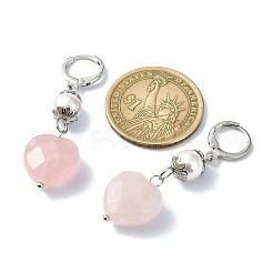 Orecchini pendenti a monachella con cuore di quarzo rosa naturale e perle di conchiglia&nbsp;EJEW-TA00331