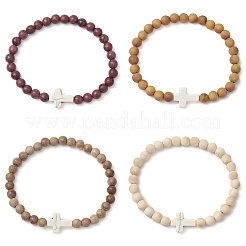 4 bracelet extensible en perles de bois naturel pour femme&nbsp;BJEW-JB11338