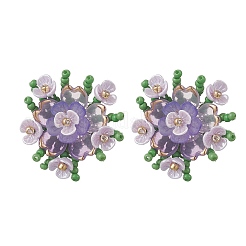 Orecchini a bottone con perline di vetro fatte a mano con fiori&nbsp;EJEW-MZ00656-03