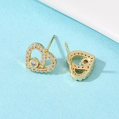 Orecchini a bottone in ottone con micro pavé di zirconi chiari a forma di cuore&nbsp;EJEW-F400-28B-G