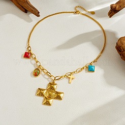 Collana con ciondolo quadrato in resina effetto turchese e croce testurizzata in acciaio inossidabile 304 per donna.&nbsp;NJEW-F380-01G
