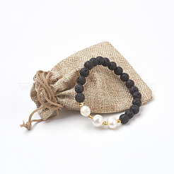 Pulseras de estiramiento de cuentas de roca de lava natural&nbsp;BJEW-JB03880-01