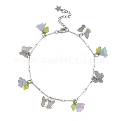 Chaîne de cheville à maillons en laiton avec breloque papillon en acier inoxydable 201 et fleur en verre peinte au pistolet&nbsp;AJEW-AN00736-02