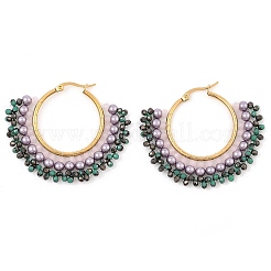 Orecchini a cerchio con ventaglio in acciaio inossidabile 304 e perline bohémien per donna&nbsp;EJEW-R001-01G-02