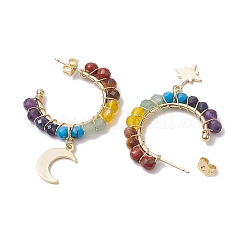 Boucles d'oreilles demi-créoles avec pierres précieuses rondes à facettes chakra lune et étoile&nbsp;EJEW-JE05898