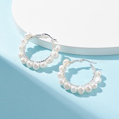 Orecchini a cerchio da donna con perline avvolti in filo di perle naturali&nbsp;EJEW-JE04758-02