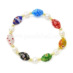 Pulseras elásticas hechas a mano con cuentas de vidrio millefiori y perlas cultivadas naturales de agua dulce para mujer.&nbsp;BJEW-JB13848