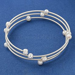 Braccialetti avvolgenti da donna con perline di ottone e perle d'acqua dolce naturali a tre anelli&nbsp;BJEW-F470-01S