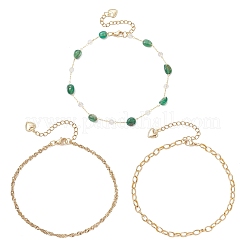 Bracelets de cheville à 3 couche en pépites d'agate naturelle teinte et chaîne à maillons en acier inoxydable 304 pour femmes&nbsp;AJEW-AN00743-01