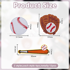 12 Stück 3 Stile Baseball-Thema Polyester-Aufnäher zum Aufbügeln/Aufnähen&nbsp;PATC-HY0001-99