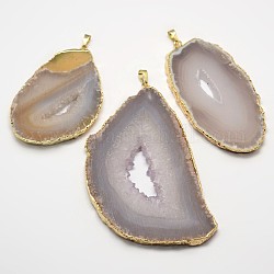 Nuggets Natural Agate Big Pendants, with Brass Findings, Golden, 69~100x42~61x5~6mm, Hole: 3~5x7~8mm