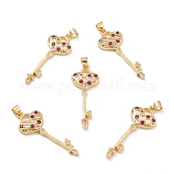 Brass Micro Pave Cubic Zirconia Pendants, Long-Lasting Plated, Heart Key, Colorful, Real 18K Gold Plated, 38x14.5x3.5mm, Hole: 3x3mm