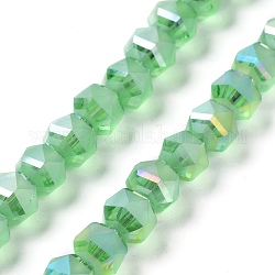 Galvanisieren transparente Glasperlen Stränge, matt, facettiert, Laterne, mittleres Frühlingsgrün, 7x7.8x7.5 mm, Bohrung: 1.5 mm, ca. 72 Stk. / Strang, 20.79'' (52.8 cm)