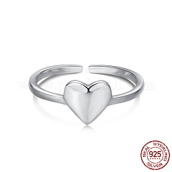 Rhodium Plated 925 Sterling Silver Open Cuff Rings, with S925 Stamp, Heart, Platinum, Inner Diameter: 17.6mm