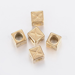 Perles européennes de lettre avec gros trou en 304 acier inoxydable, trou horizontal, cube avec letter.x, or, 8x8x8mm, Trou: 5mm