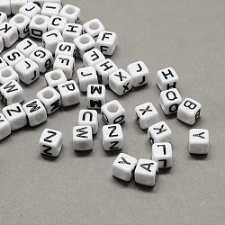 Acryl Großlochperlen, horizontales Loch, weiß und schwarz, Würfel mit Buchstaben, gemischt, 6x6x6 mm, Bohrung: 4 mm