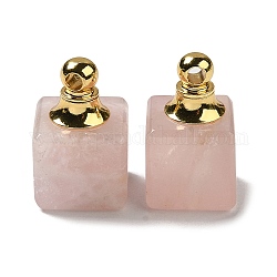 Colgantes de botella de perfume de cuarzo rosa natural, dijes cuadrados con fornituras de acero inoxidable bañadas en oro 304, 19x12x12mm, agujero: 2 mm