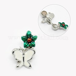 Alloy Enamel Magnetic Clasps, Flower and Butterfly, Platinum Metal Color, Dark Green and White, 25x16x8.5mm, Hole: 1.5mm