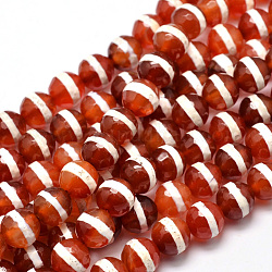 Brins de perles dzi motif rayé de style tibétain, perles rondes en agate naturelle à facettes, rouge-orange, 10mm, Trou: 1mm, Environ 37 pcs/chapelet, 14.5 pouce
