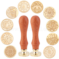 CRASPIRE DIY Scrapbook, Including 10Pcs Brass Wax Seal Stamp Heads and 2Pcs Pear Wood Handle, Moon & Sun & Star Pattern, Mixed Patterns, Stamp Heads: 10pcs