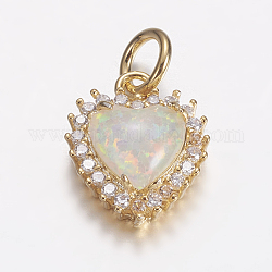 Ottone micro spianare fascino zirconi, con opale sintetico, cuore, oro, bianco, 14x11.5x5mm, Foro: 4 mm