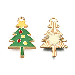 Christmas Theme, Alloy Enamel Pendants, Light Gold, Christmas Tree, Green, 25x15.5x1.5mm, Hole: 2mm
