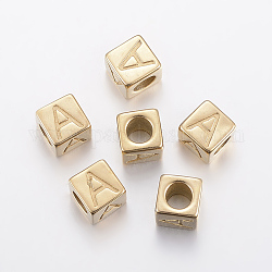 Perles européennes de lettre avec gros trou en 304 acier inoxydable, trou horizontal, cube avec letter.a, or, 8x8x8mm, Trou: 5mm