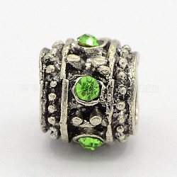 Alloy Grade A Rhinestone European Beads, Large Hole Beads, Rondelle, Antique Silver Metal Color, Peridot, 8.5x10mm, Hole: 5mm