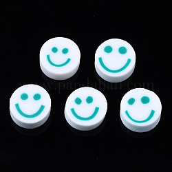 Handmade Polymer Clay Beads, for DIY Jewelry Crafts Supplies, Flat Round with Smiling Face, Light Sea Green, 10x4~4.5mm, Hole: 1.8mm