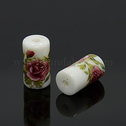 Flower Printed Opaque Acrylic Column Beads, White, 16x9mm, Hole: 2mm