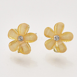 Alloy Rhinestone Stud Earring Findings, with Acrylic, Raw(Unplated) Pin and Loop, Flower, Golden, Sandy Brown, 12~13x12mm, Hole: 1.4mm, Pin: 0.7mm