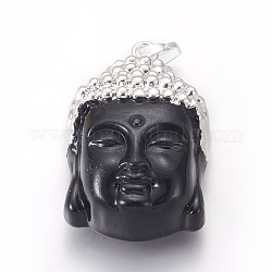 Pendentifs en verre, avec les accessoires en laiton, tête de bouddha, couleur argentée, noir, 40x26.5x16.5mm, Trou: 5x8mm