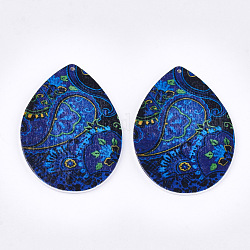 Printed Wooden Big Pendants, Dyed, teardrop, Colorful, 64.5x46x2.5mm, Hole: 1.2mm
