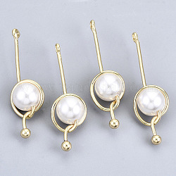 Pendentifs en plastique imitation perle ABS, avec accessoires en laiton plaqué 18k or véritable, ronde, blanc crème, 35x10x8mm, Trou: 1.8mm