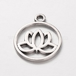 Tibetan Style Filigree Alloy Pendants, Flat Round with Lotus, Lead Free & Nickel Free, Antique Silver, 24x20x1.5mm, Hole: 2.3mm