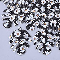 Grandi ciondoli in pelle, stampa fronte-retro, motivo floreale margherita, foglia, nero, 55x43x2mm, Foro: 1 mm