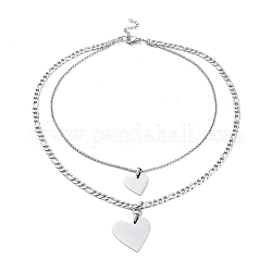 304 Stainless Steel Double Layer Necklaces, with Figaro Chains & Rolo Chains, Heart, Stainless Steel Color, 18.03 inch(45.8cm)