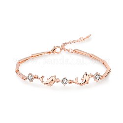 Brass Link Bracelet, with Cubic Zirconia, Dolphin, Clear, Rose Gold