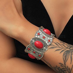 Bracelets extensibles ovales en alliage de style bohème pour femmes, avec perles acryliques rouges imitation turquoise, argent antique, diamètre intérieur: 2 pouce (5 cm)