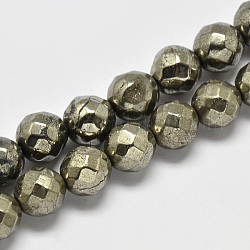 Chapelets de perles rondes en pyrite naturelle, facetté (64 facettes), Grade a, 6mm, Trou: 1mm, Environ 67 pcs/chapelet, 16 pouce