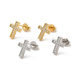 Clear Cubic Zirconia Cross Stud Earrings, Rack Plating Brass Jewelry for Women, Lead Free & Cadmium Free, Mixed Color, 10.5x8.5mm, Pin: 0.7mm